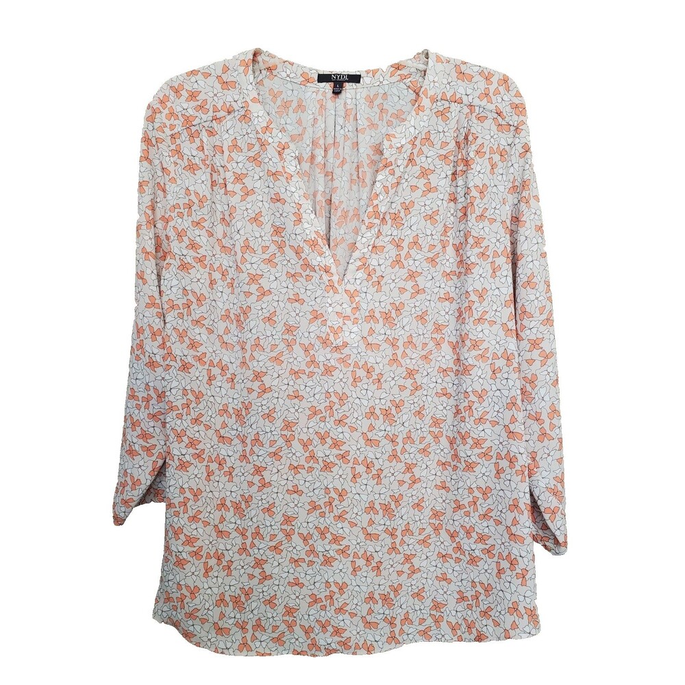 NYDJ Multicolor Floral Print Pleated Back 3/4 Sleeve V-Neck Tunic Size Large